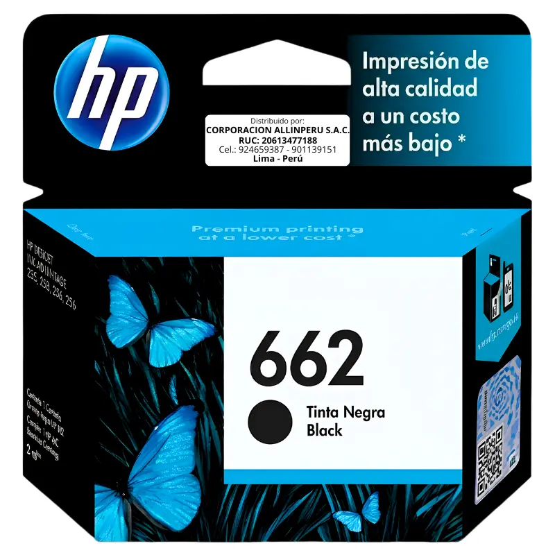 Tinta HP 662 Negro CZ103AL — vista frontal Foto de tinta HP 662 negro CZ103AL original frontal