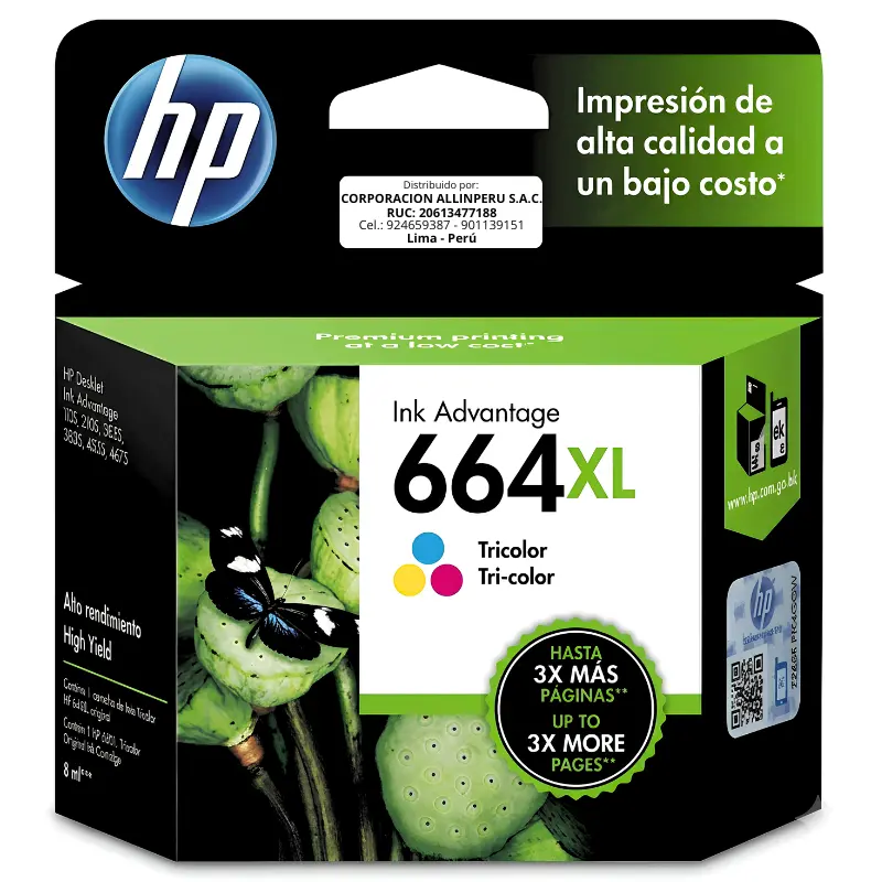 Tinta HP 664XL Tricolor F6V30AL Tinta HP 664XL Tricolor F6V30AL original vista frontal
