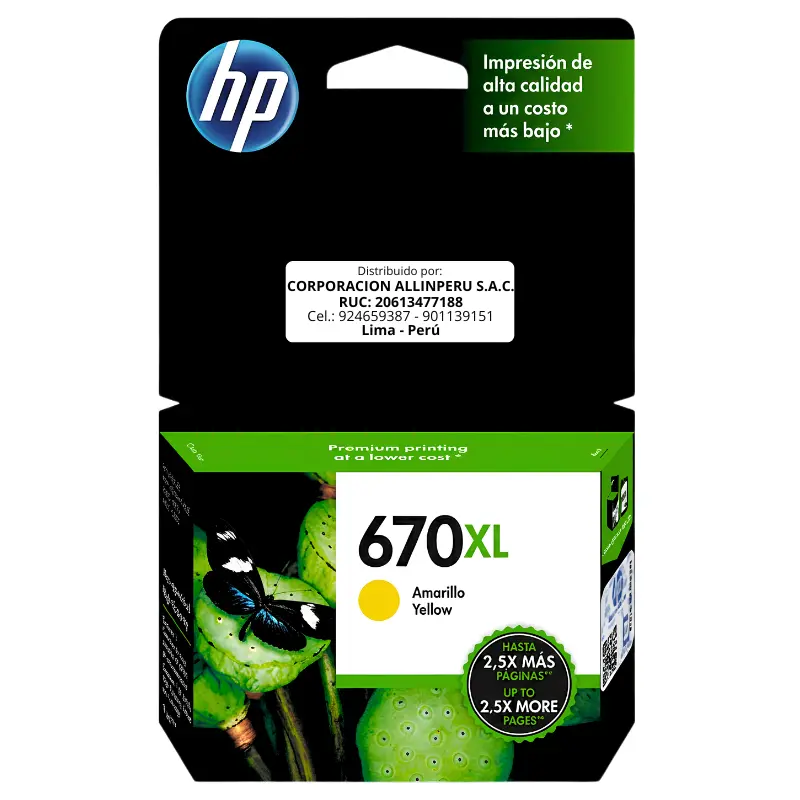 Tinta HP 670XL amarillo CZ120AL - vista frontal Tinta HP 670XL CZ120AL amarillo cartucho original