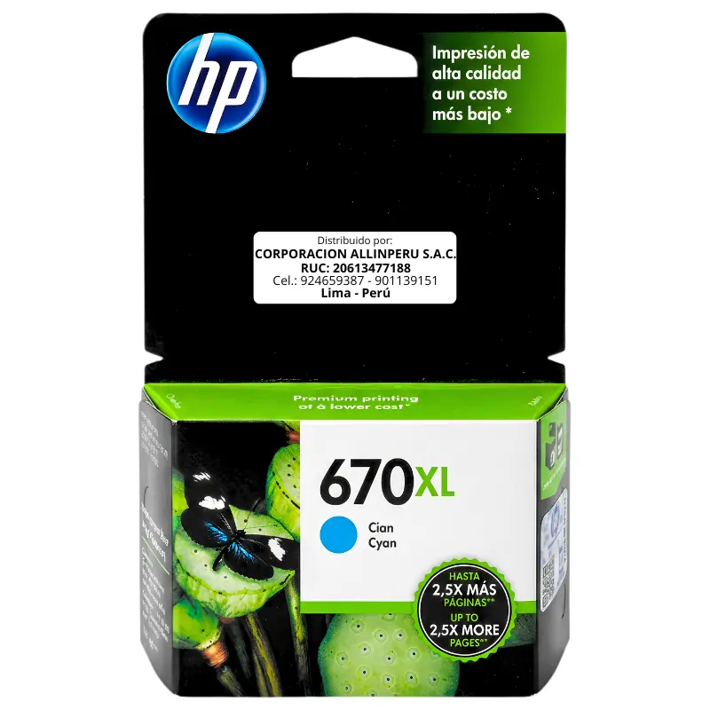 Tinta HP 670XL cyan CZ118AL - vista frontal Tinta HP 670XL CZ118AL cyan cartucho original