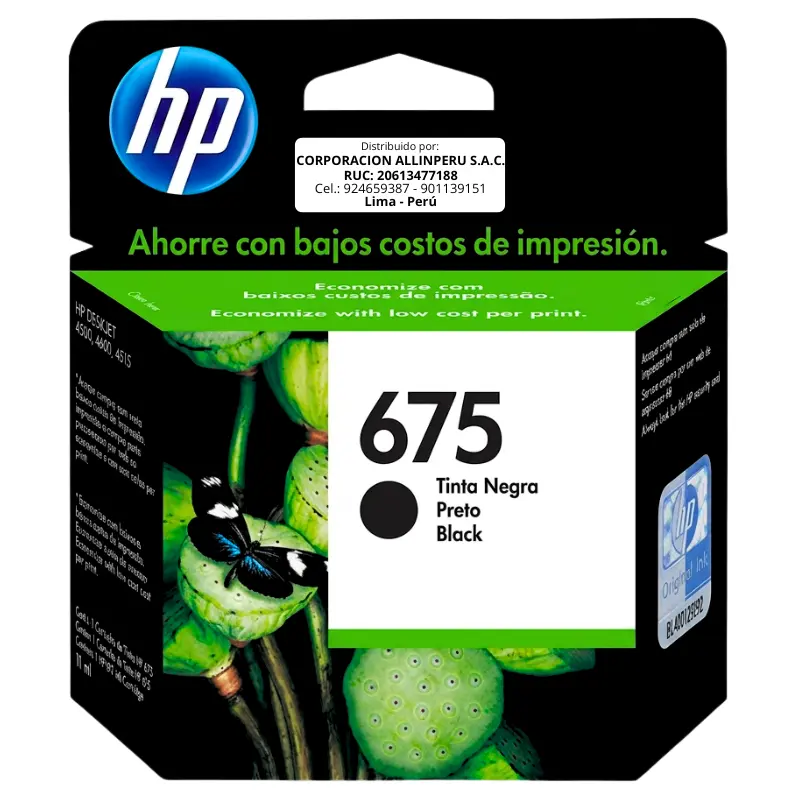 Tinta HP 675 Negro CN690AL - Vista frontal Tinta HP 675 negro CN690AL cartucho original frontal