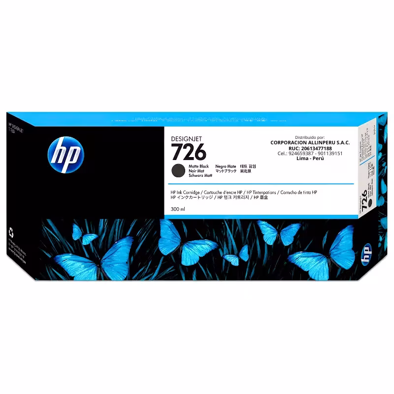 Tinta HP 726 CH575A negro mate 300ml original vista frontal