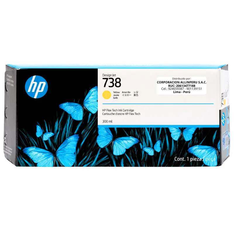 Tinta HP 738 Amarillo 676M8A 300ml para DesignJet T850 T950 - vista frontal