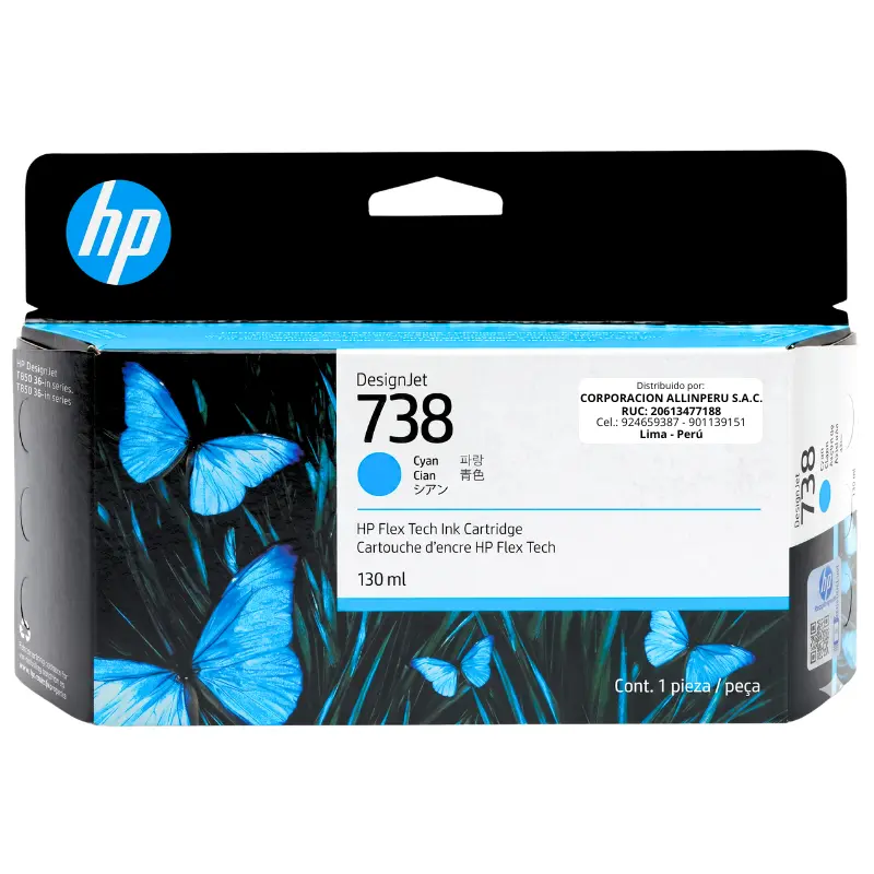 Tinta HP 738 cyan 130ml 498N5A original sellada para HP DesignJet T850 T950