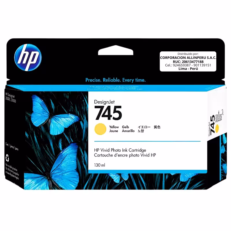 Tinta HP 745 F9J96A amarillo 130ml original vista frontal