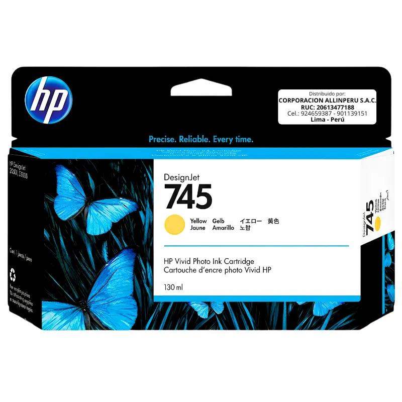 Tinta HP 745 Amarillo F9J96A - Vista frontal Tinta HP 745 F9J96A amarillo 130ml original vista frontal