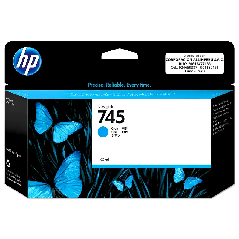 Tinta HP 745 Cyan F9J97A - Vista frontal Tinta HP 745 F9J97A Cyan 130ml original vista frontal