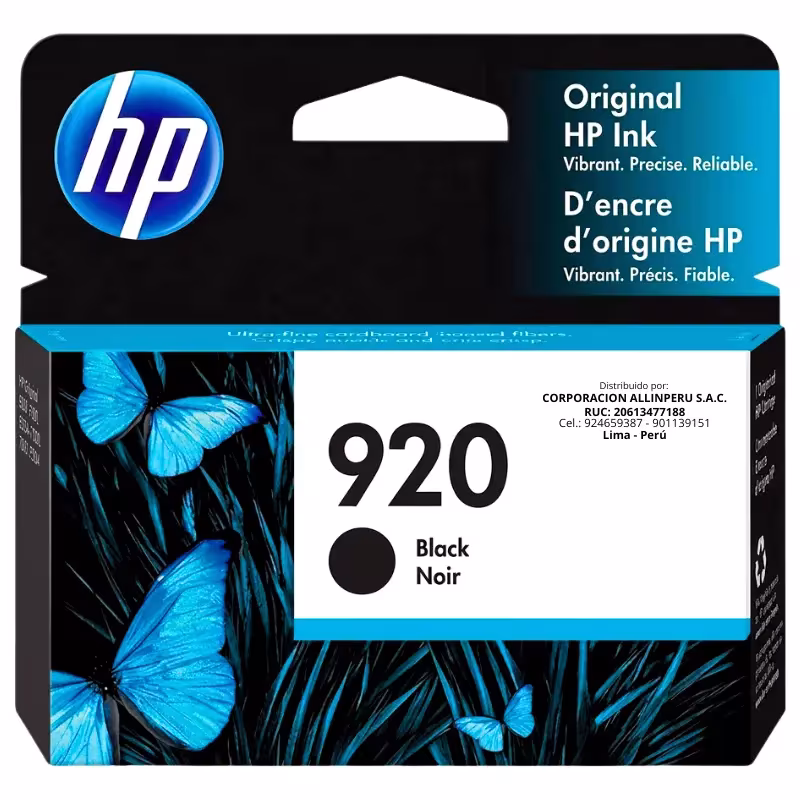 Tinta HP 920 Negro CD971AL cartucho original sobre fondo blanco
