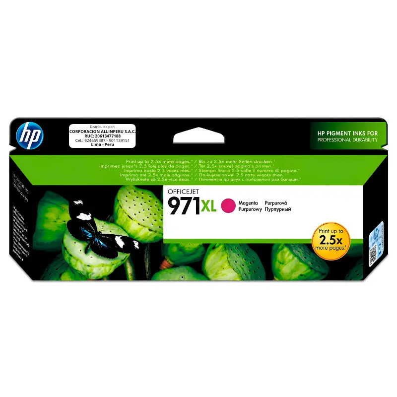 Tinta HP 971XL magenta CN627AM cartucho original de frente