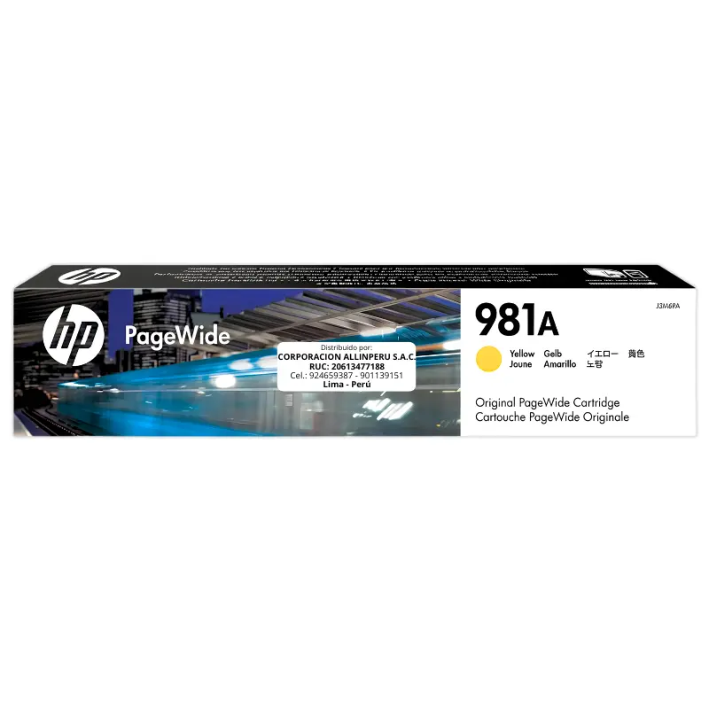 Tinta HP 981A Amarillo J3M70A — Frontal Tinta HP 981A amarillo J3M70A original vista frontal del cartucho
