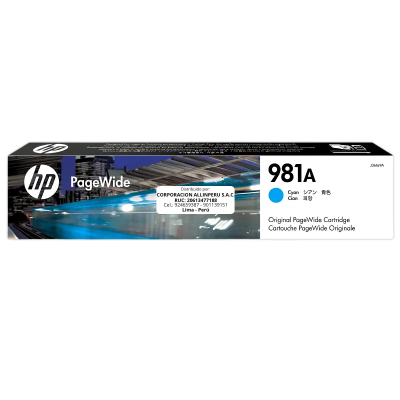Tinta HP 981A Cian J3M68A — Frontal Tinta HP 981A cian J3M68A original vista frontal del cartucho