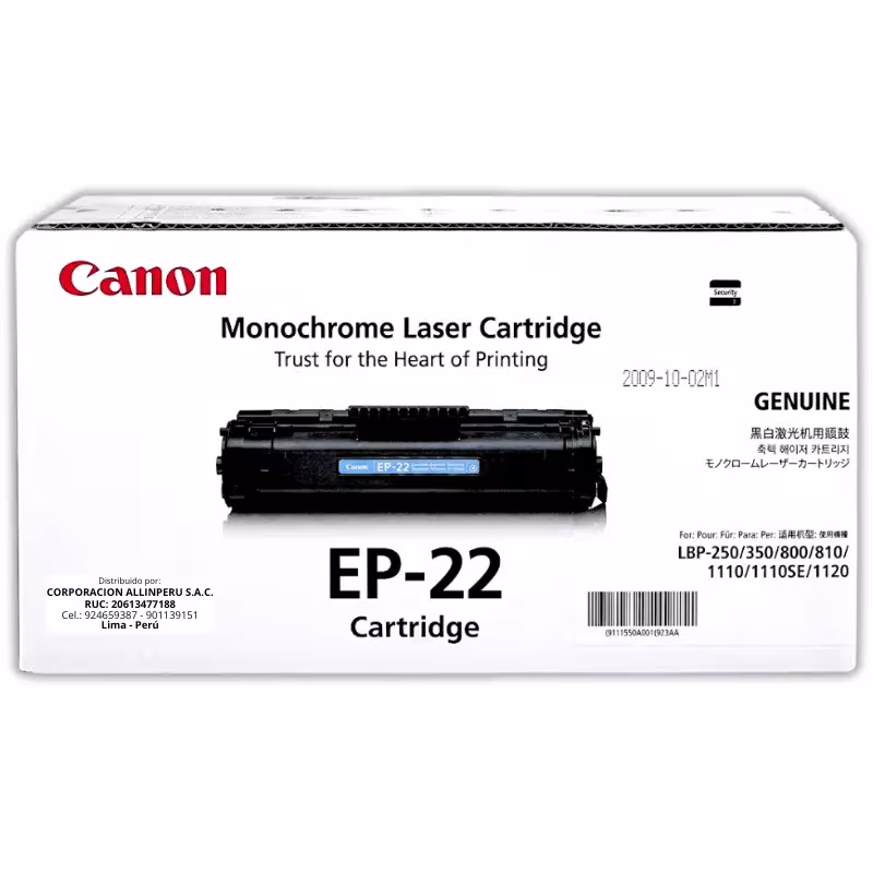Toner Canon EP-22 negro original para impresora LBP800 vista frontal