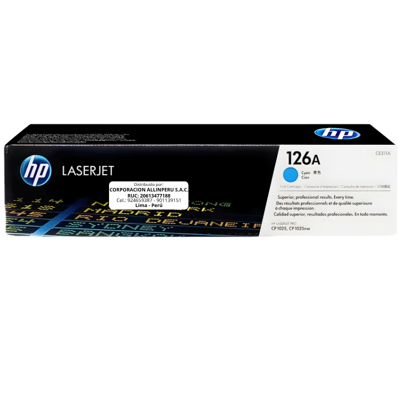 Foto de tóner hp 126a cian ce311a original, vista frontal del cartucho