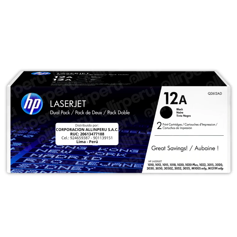 Toner HP 12AD Negro Q2612AD para LaserJet 1020, M1319