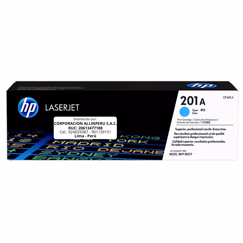 Toner HP 201A cian CF401A original vista frontal del cartucho