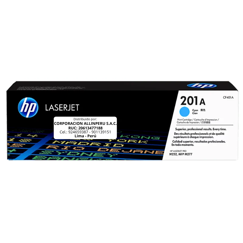 Toner HP 201A cian CF401A original vista frontal del cartucho