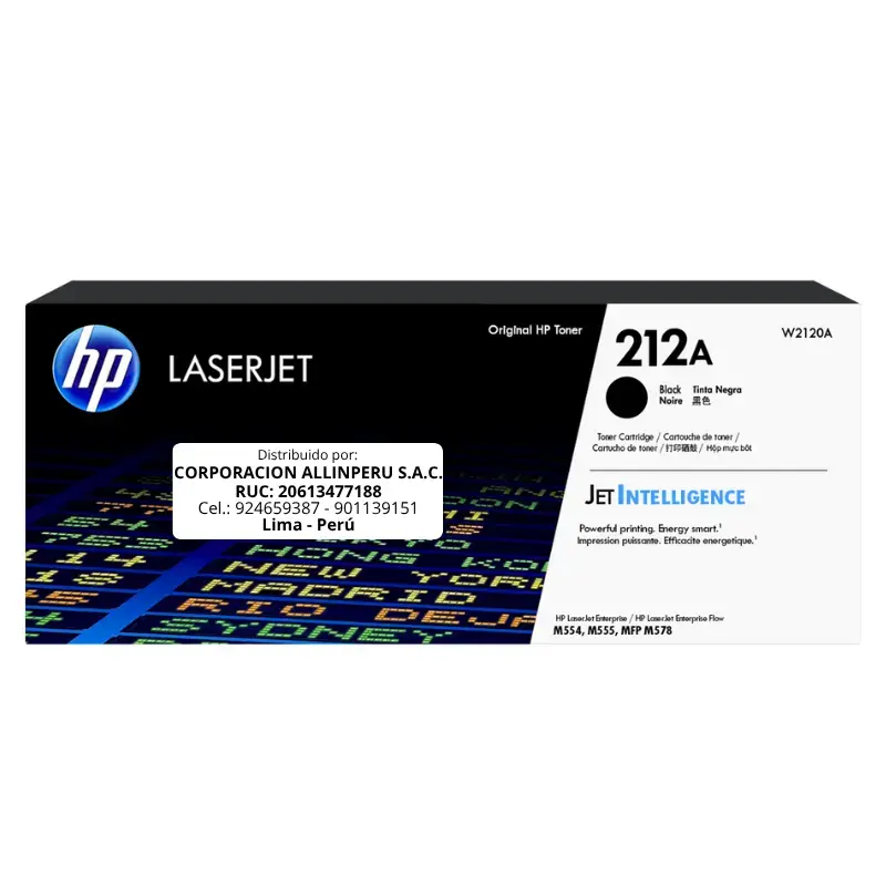 Tóner HP 212A negro W2120A original de frente sobre fondo blanco