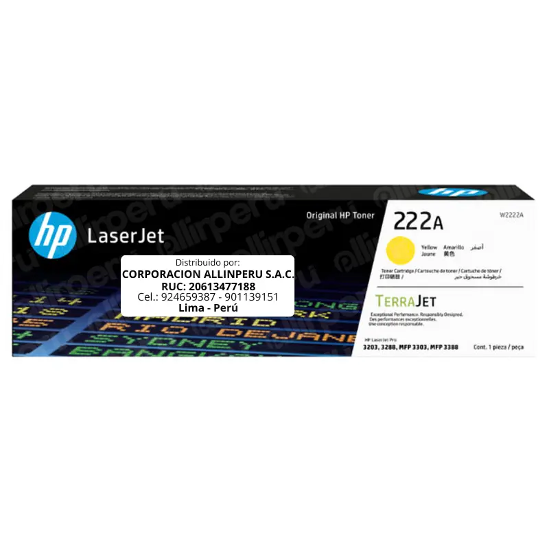 Toner HP 222A Amarillo W2222A para LaserJet 3203, 3288, 3303, 3388