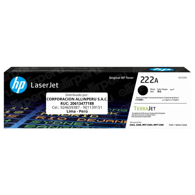 Toner HP 222A Negro W2220A Para LaserJet 3203, 3288, 3303, 3388 Toner HP 222A Negro W2220A Para LaserJet 3203, 3288, 3303, 3388