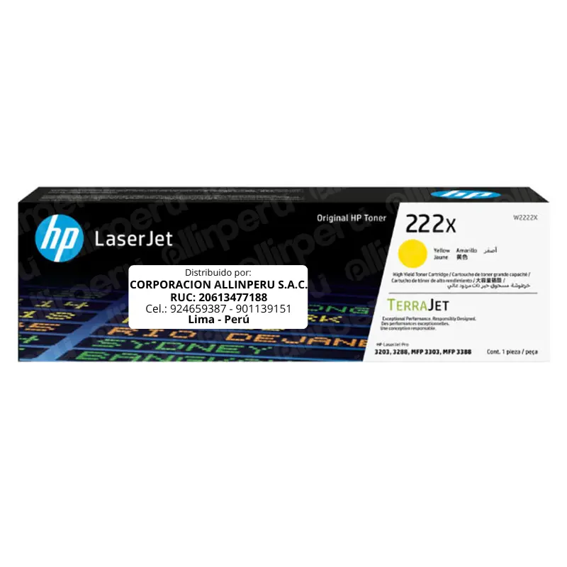Toner HP 222X Amarillo W2222X Para LaserJet 3203, 3288, 3303, 3388 Toner HP 222X Amarillo W2222X Para LaserJet 3203, 3288, 3303, 3388