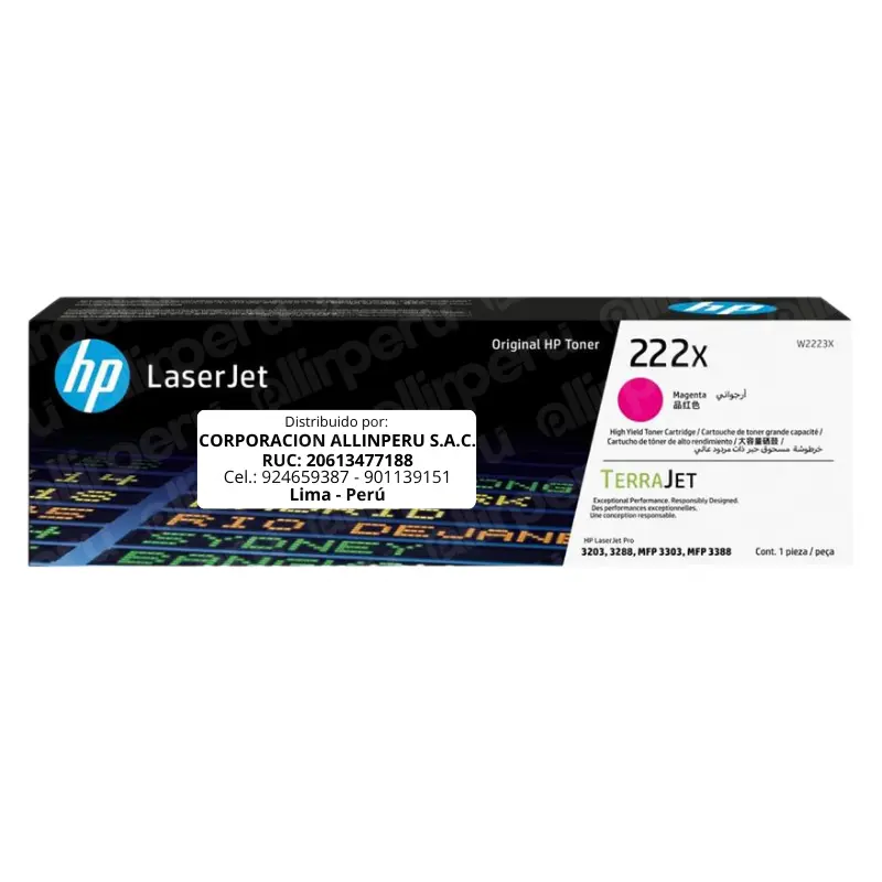 Toner HP 222X Magenta W2223X Para LaserJet 3203, 3288, 3303, 3388 Toner HP 222X Magenta W2223X Para LaserJet 3203, 3288, 3303, 3388
