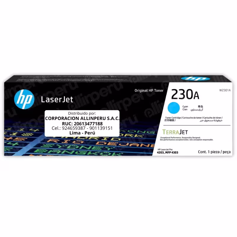 Tóner HP 230A Cian W2301A original sellado vista frontal