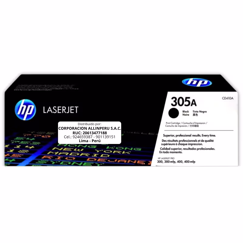 Toner HP 305A negro CE410A original vista frontal del cartucho