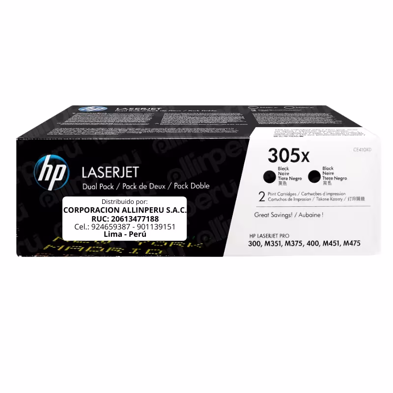 Tóner HP 305X negro dual pack CE410XD original