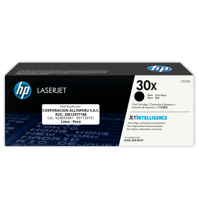 Foto de tóner HP 30X negro CF230X original en vista frontal sobre fondo blanco