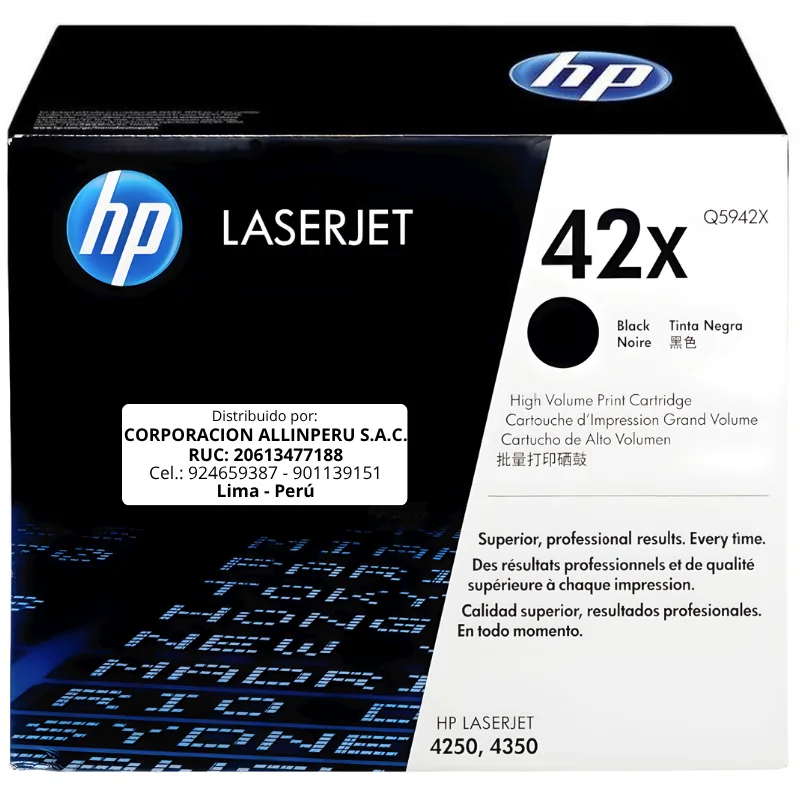 Foto de tóner HP 42X negro Q5942X original alto rendimiento vista frontal