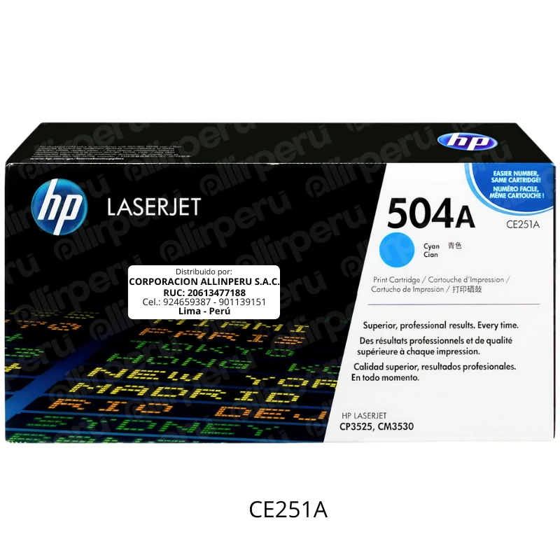 Toner HP 504A Cian CE251A para LaserJet CM3530 CP3525