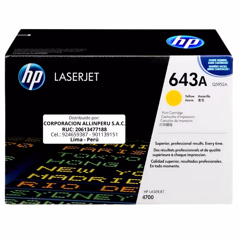 Toner HP 643A Amarillo Q5952A original para LaserJet 4700