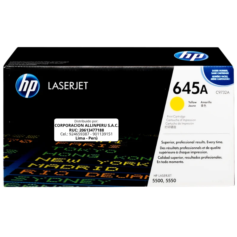 Foto frontal del tóner HP 645A amarillo C9732A original LaserJet 5500 5550