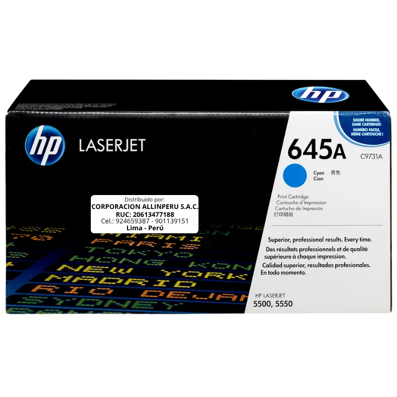 Foto frontal del tóner HP 645A cian C9731A original LaserJet 5500 5550
