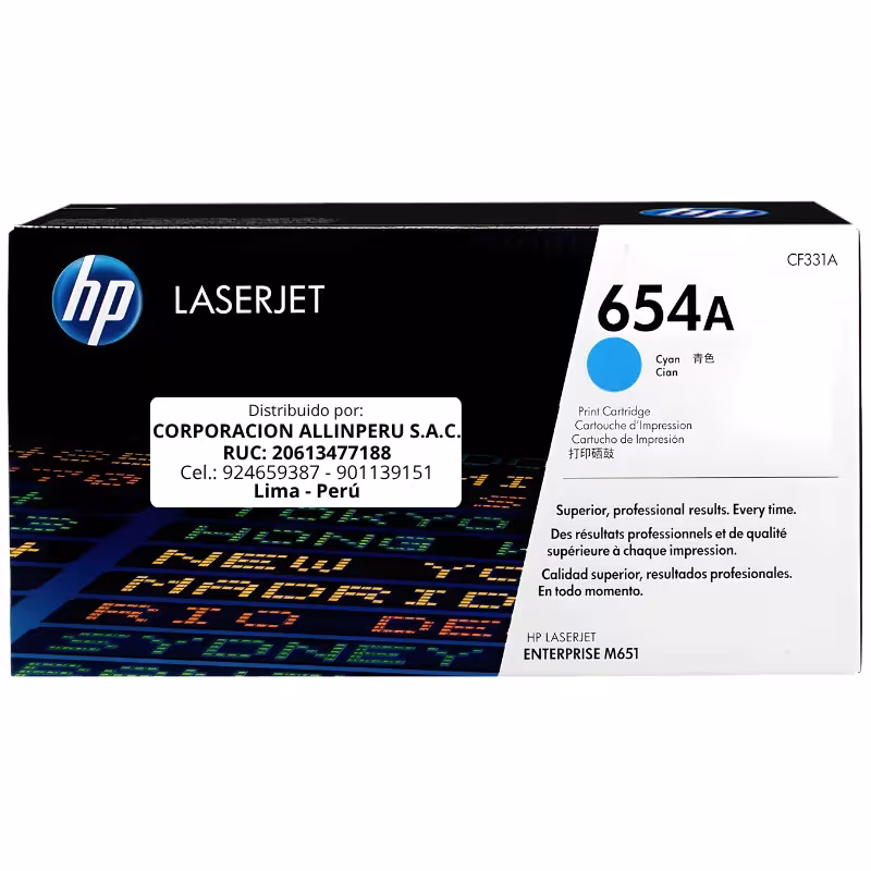 Foto de tóner HP 654A cian CF331A original, vista frontal del cartucho