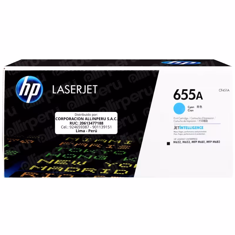 Toner HP 655A Cian CF451A para LaserJet M652 M653 M681 M682