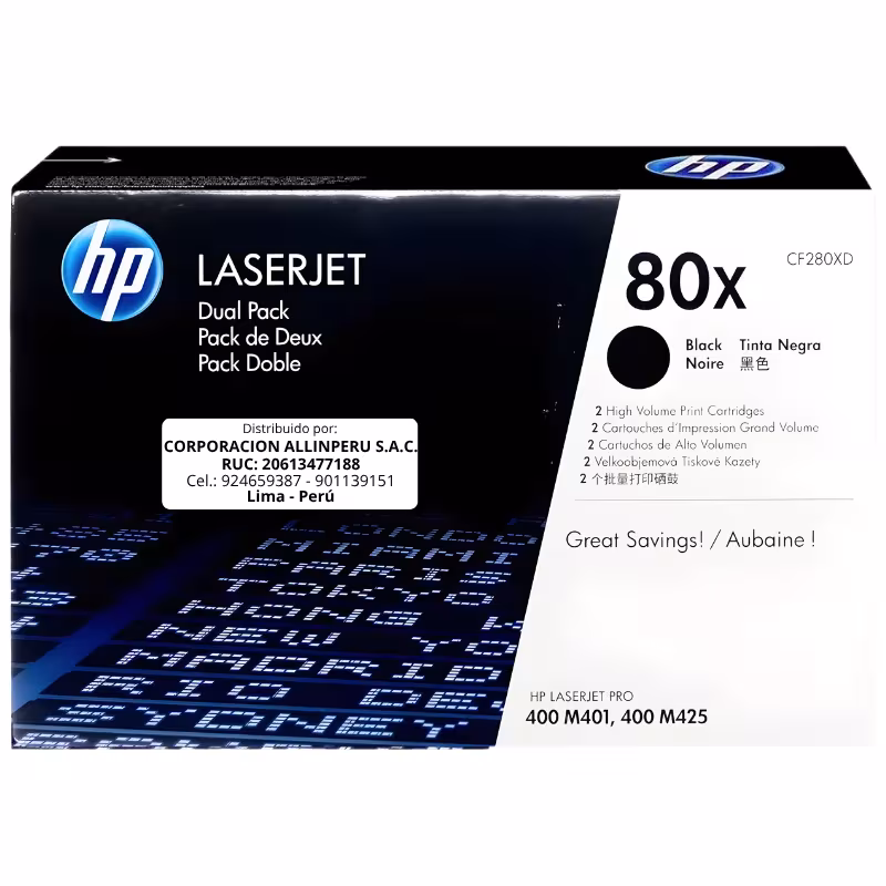 Foto de tóner HP 80X negro CF280XD pack doble original, vista frontal