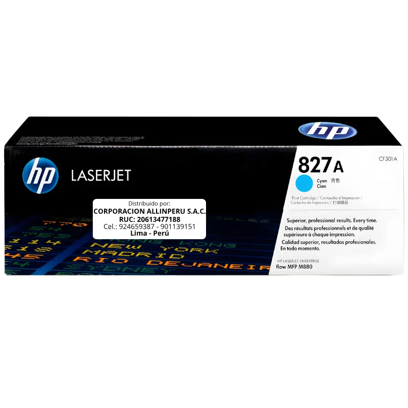 Foto de tóner HP 827A Cian CF301A original, vista frontal del cartucho
