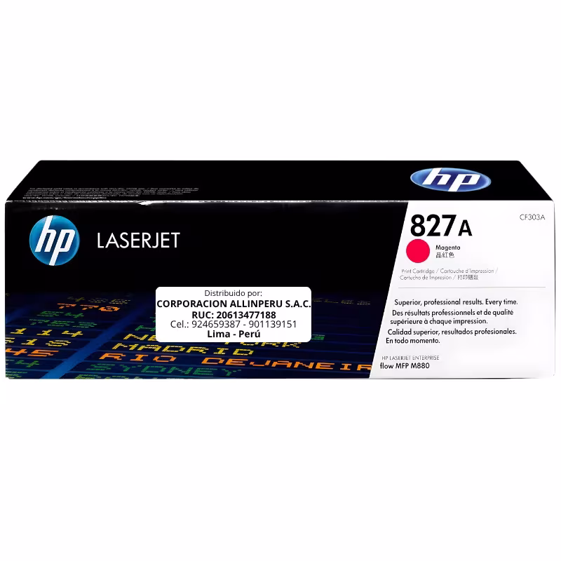 Foto de tóner HP 827A Magenta CF303A original, vista frontal del cartucho