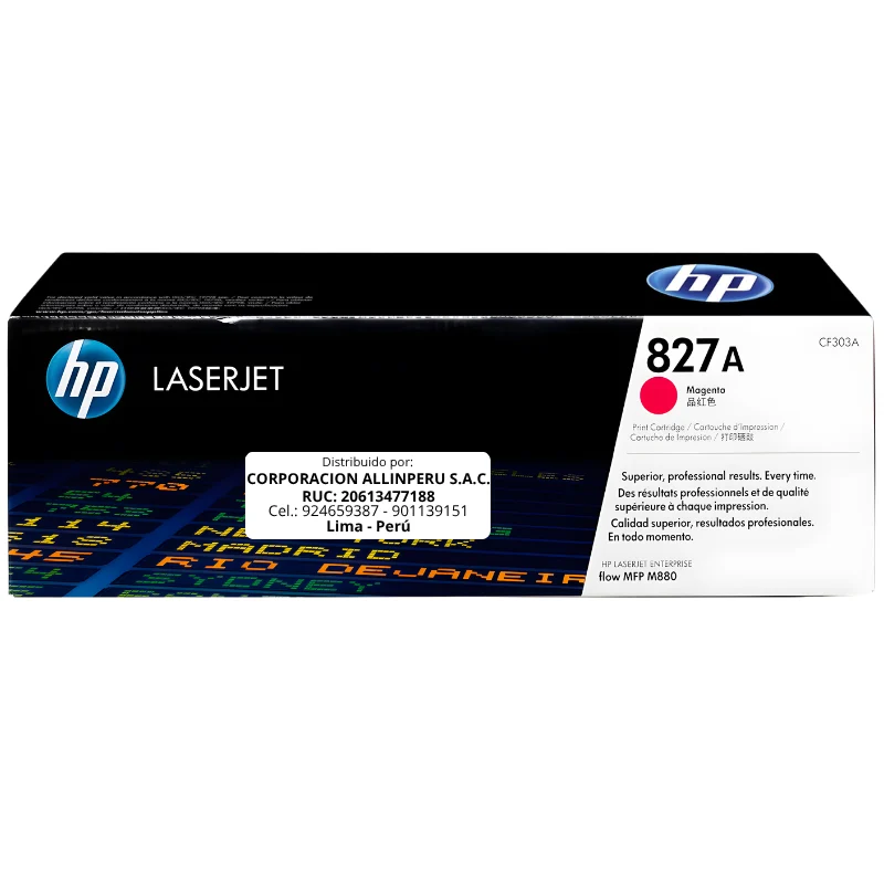 Foto de tóner HP 827A Magenta CF303A original, vista frontal del cartucho