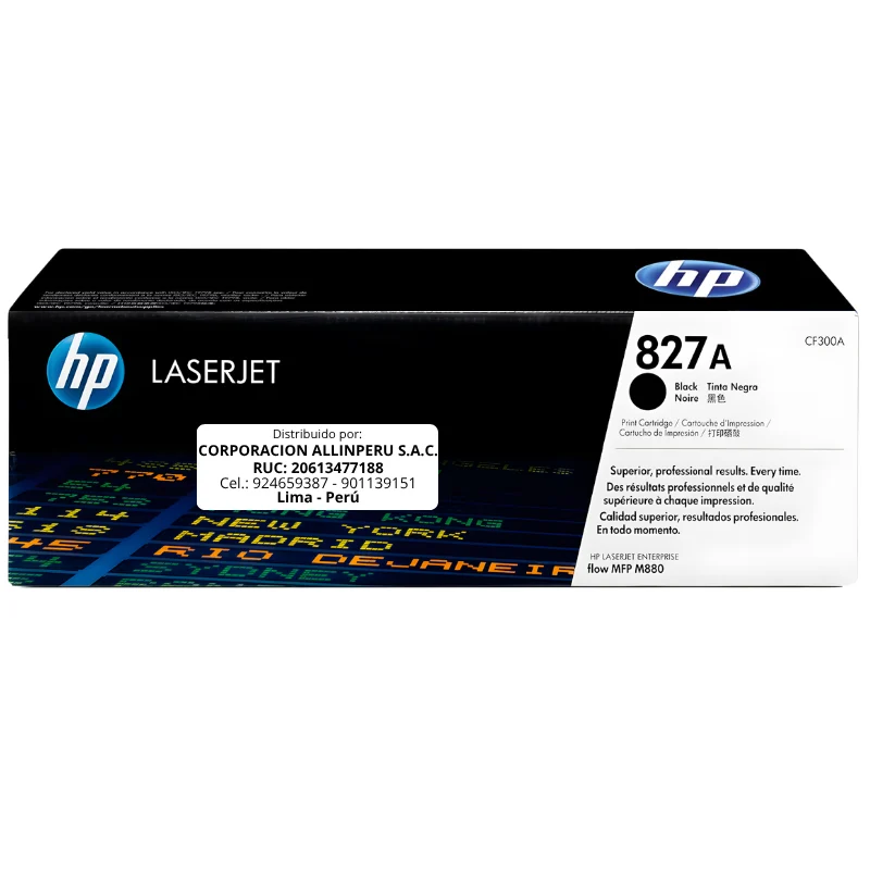 Foto de tóner HP 827A Negro CF300A original, vista frontal del cartucho