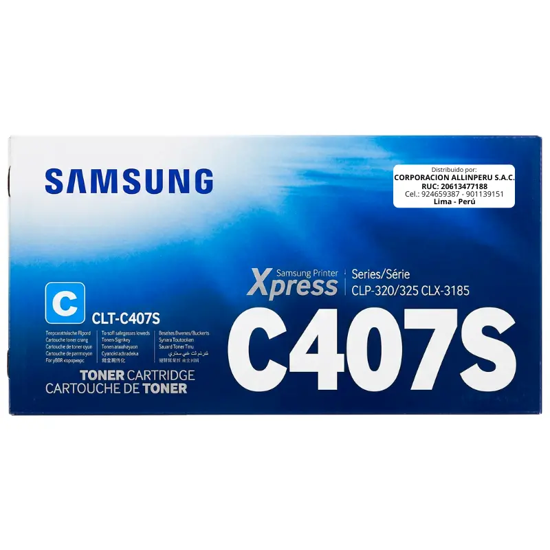 Tóner Samsung CLT-C407S cyan original sellado vista frontal