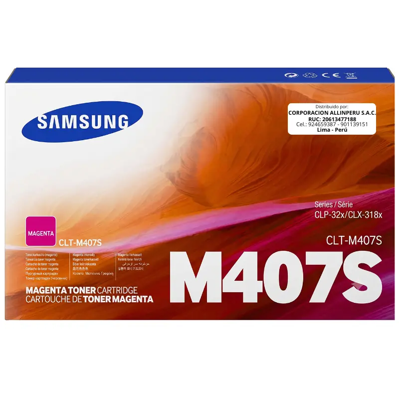 Tóner Samsung CLT-M407S SU268A Magenta Original Tóner Samsung CLT-M407S magenta original sellado vista frontal