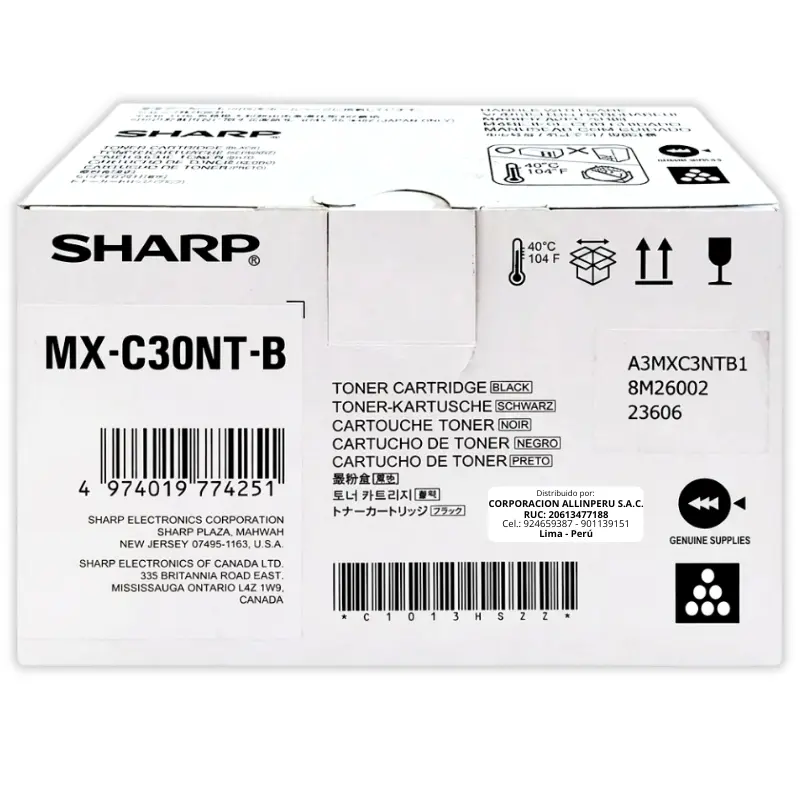 Tóner Sharp MX-C30NTB Negro Original Tóner Sharp MX-C30NTB Negro original caja sellada vista frontal