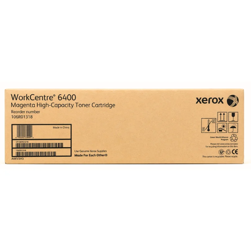 Tóner Xerox 106R01318 Magenta WorkCentre 6400 Foto de tóner Xerox 106R01318 magenta alta capacidad para WorkCentre 6400, vista frontal del cartucho
