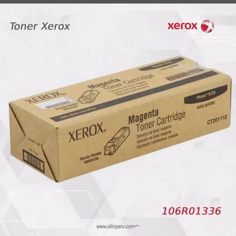 Foto de tóner Xerox 106R01336 magenta lateral con etiqueta de modelo SKU