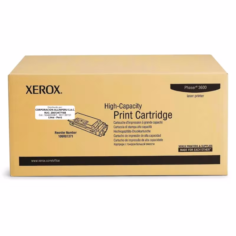Tóner Xerox 106R01371 Original Negro Phaser 3600 Foto de tóner original Xerox 106R01371 negro caja sellada frontal