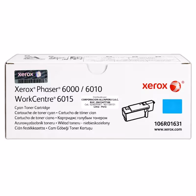 Foto de toner Xerox 106R01631 cian original sobre fondo blanco