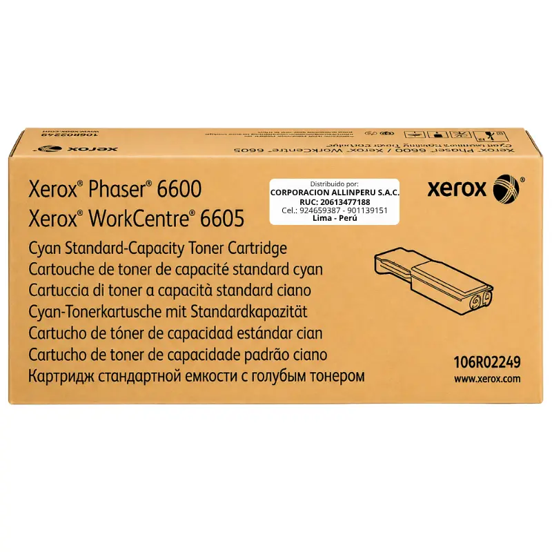 Tóner Xerox 106R02249 cian original vista frontal del cartucho