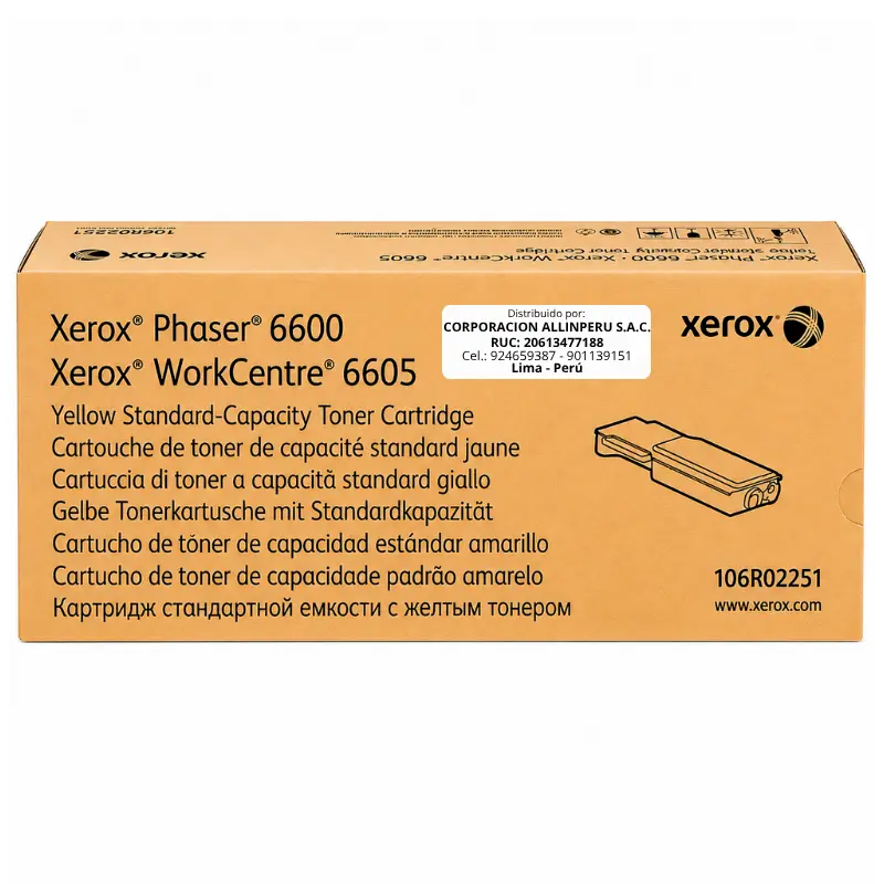 Tóner Xerox 106R02251 amarillo original vista frontal del cartucho
